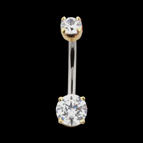 Double CZ 4 Prong Navel Curve YG